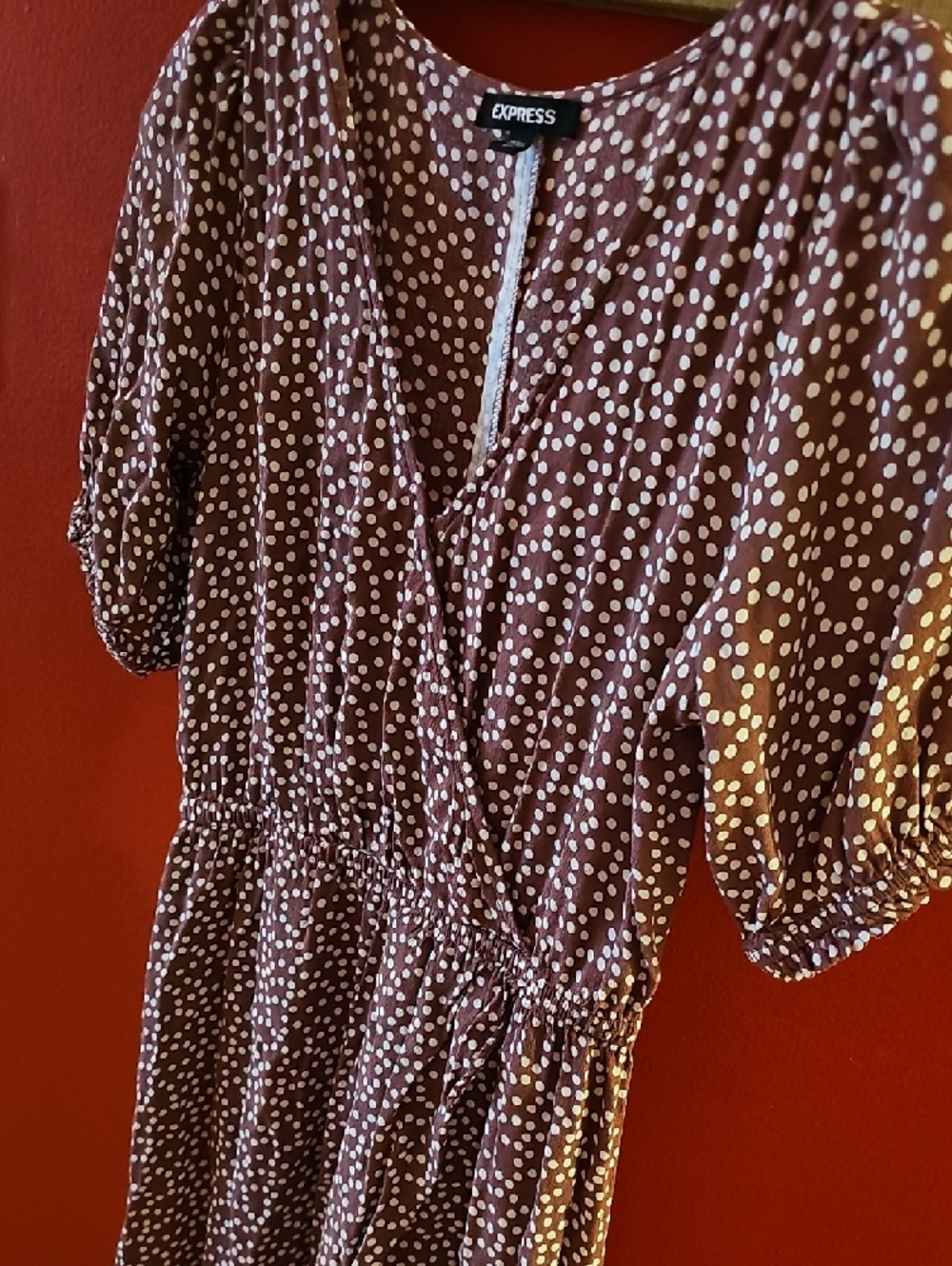 Express Burgandy Polka Dot Midi Dress. - Picture 3 of 5
